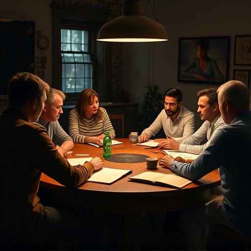 Atelier de sc√©nario: participants discutant d'un script autour d'une table.