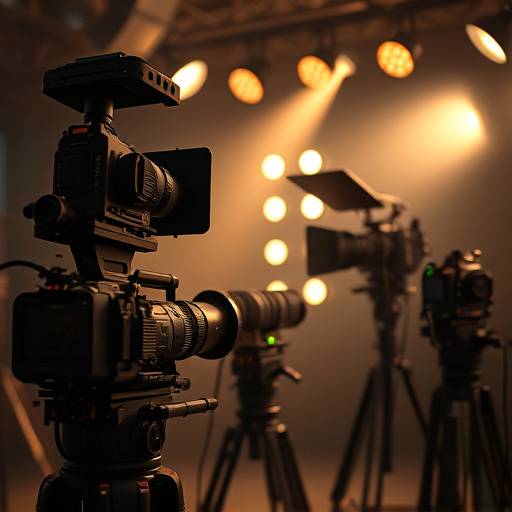 √âquipements de tournage comprenant des cam√©ras, des lumi√®res et des objectifs